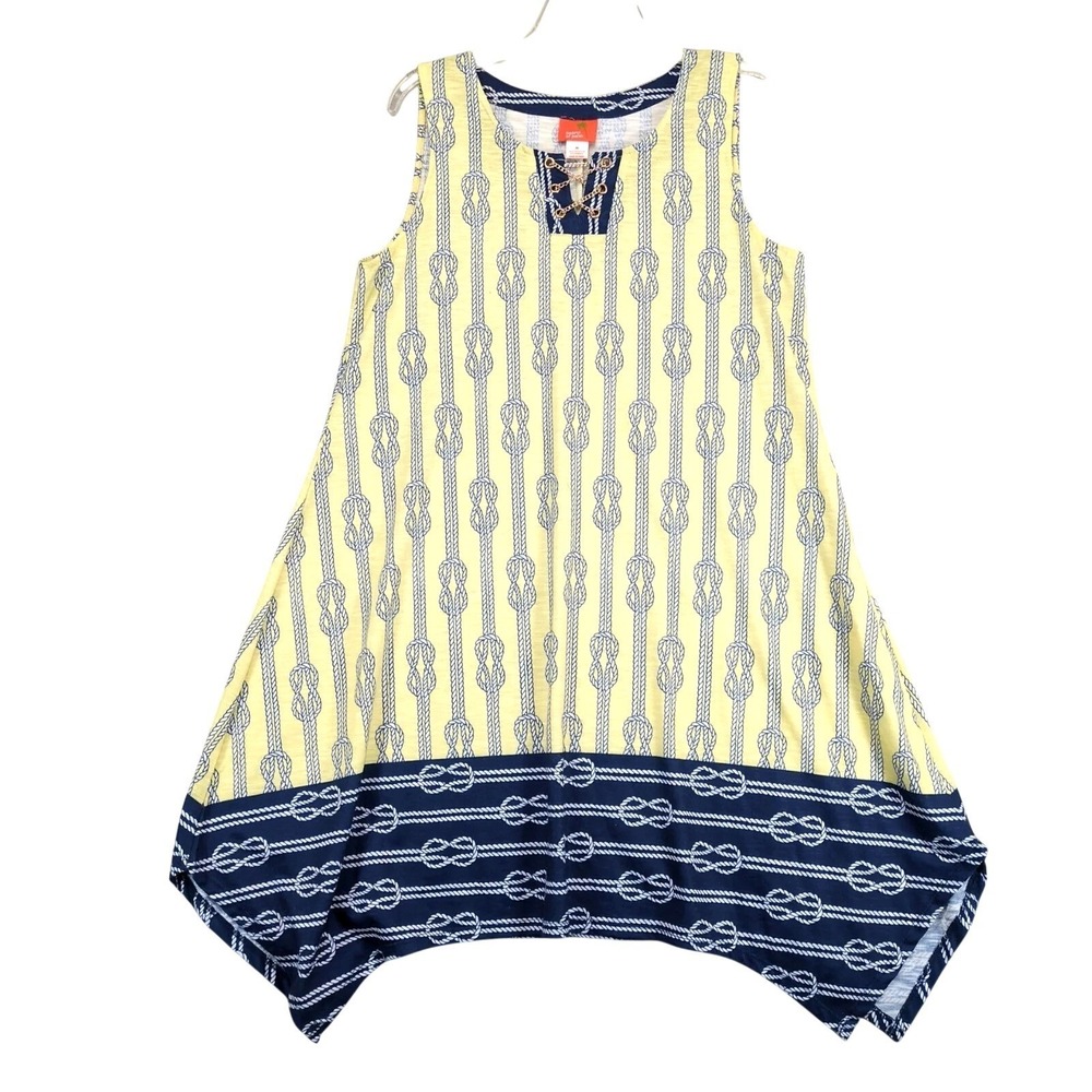 Hearts of Palm Yellow Blue Nautical Midi Dress Sz M Rope Print Gold Chain Resort